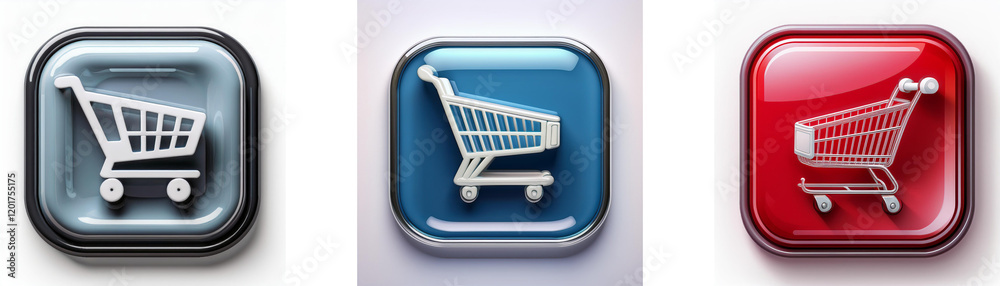 Three glossy square buttons feature a shopping cart icon; gray, blue, and red variations show different color schemes. Three glossy square buttons feature a shopping cart icon; gray, blue, and red variations show different color schemes.