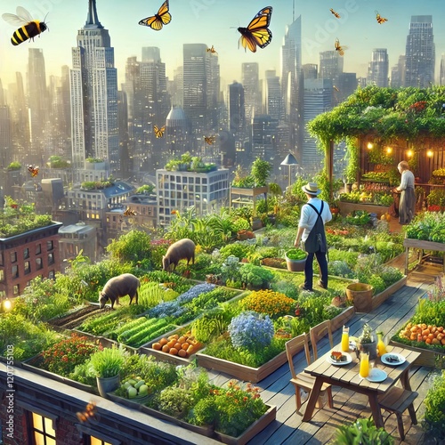 Rooftop Gardens Urban residents tending to lush rooftop gardens