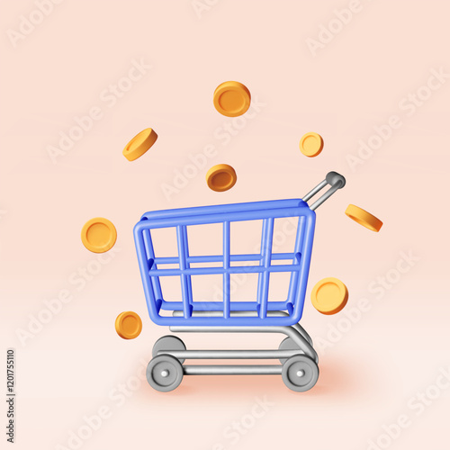 3d shopping cart and gold coins isolated. Render shopping trolley and golden coin. Promotion or cash back, sale, discount or clearance. Online or retail shopping. Vector illustration