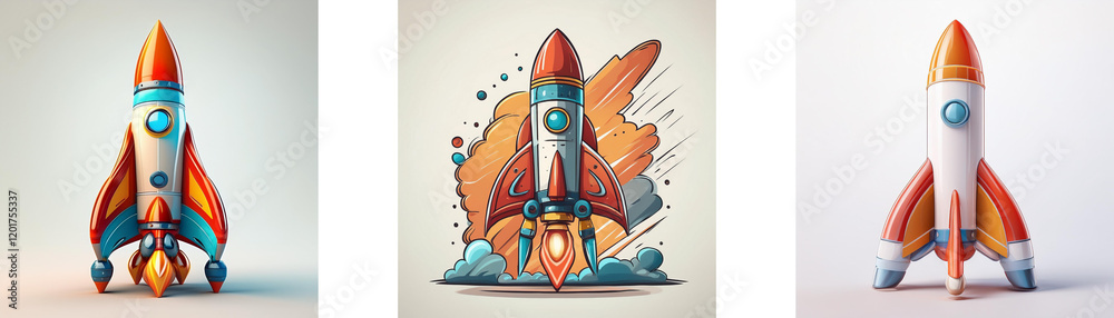 Three stylized rockets, varying in artistic style, ready for launch. One shows dynamic motion, another a clean design, and a third a more illustrative approach. Three stylized rockets, varying in artistic style, ready for launch. One shows dynamic motion, another a clean design, and a third a more illustrative approach.
