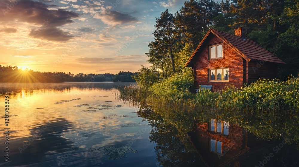 Fototapeta premium Sunrise over calm lake with wooden cabin.