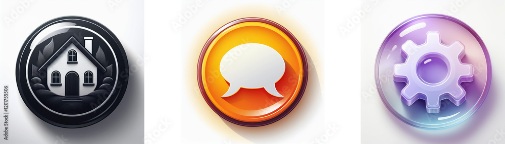 Three glossy circular icons: home, speech bubble, settings. Modern interface design elements. Three glossy circular icons: home, speech bubble, settings. Modern interface design elements.