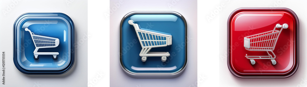 Three glossy square buttons feature shopping cart icons; blue, blue-green, and red. Each button displays a realistic shopping cart. Three glossy square buttons feature shopping cart icons; blue, blue-green, and red. Each button displays a realistic shopping cart.