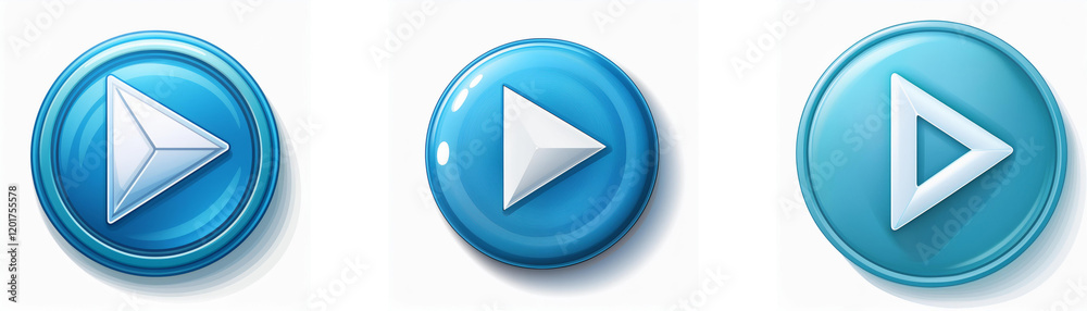 Three glossy, light-blue circular buttons feature a white play symbol, each with slightly different design details. Three glossy, light-blue circular buttons feature a white play symbol, each with slightly different design details.