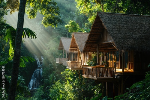 Luxury eco-resort treehouses nestled in a lush rainforest setting