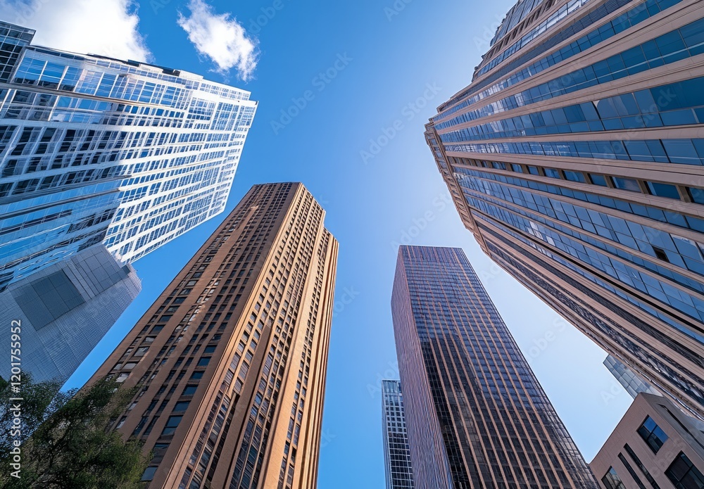 Obraz premium skyscrapers in a downtown, with a blue sky and a wide-angle lens perspective from a low-angle viewpoint.