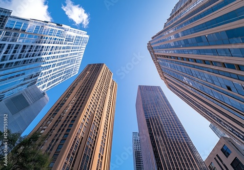 Wallpaper Mural skyscrapers in a downtown, with a blue sky and a wide-angle lens perspective from a low-angle viewpoint. Torontodigital.ca