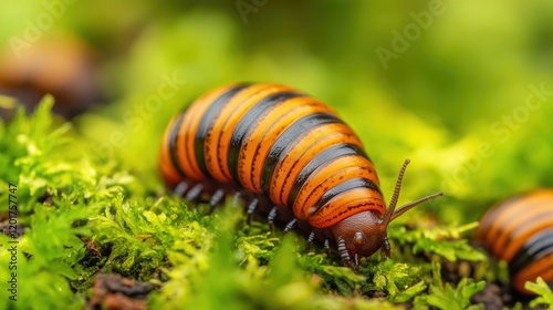 Close up photo of decomposers such as millipedes and slugs crawling on moss covered soil enriching the soil health through the natural recycling process photo