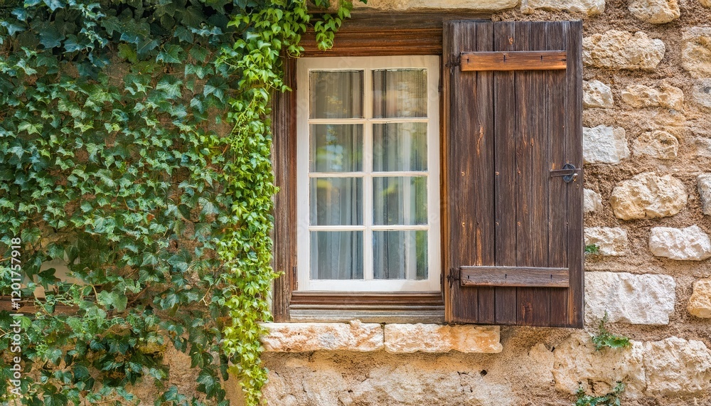 Rustic window with wooden shutters and a weathered stone wall adorned with climbing plants in a quaint village setting Rustic window with wooden shutters and a weathered stone wall adorned with climbing plants in a quaint village setting