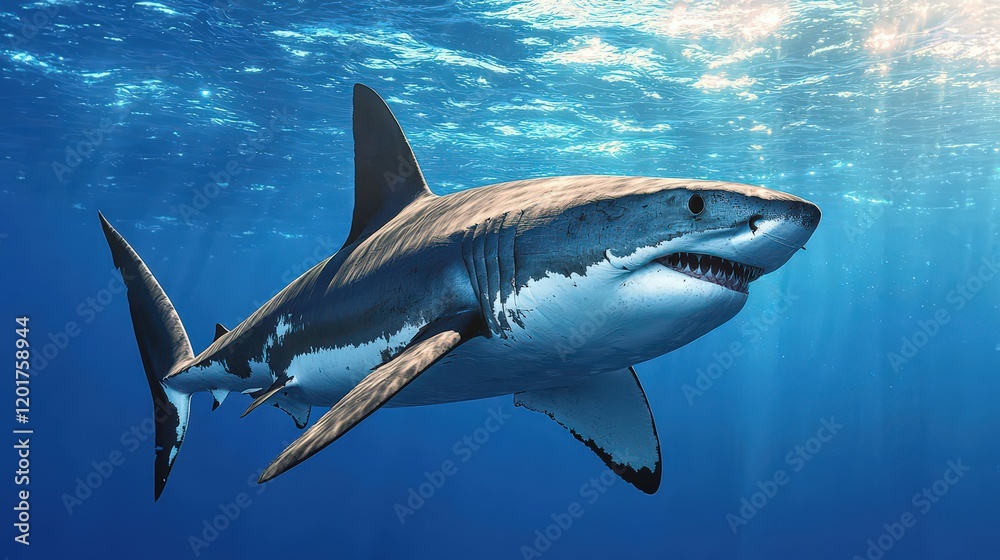 Fototapeta premium Majestic shark swimming in crystal clear ocean waters underwater wildlife photography marine environment close-up perspective