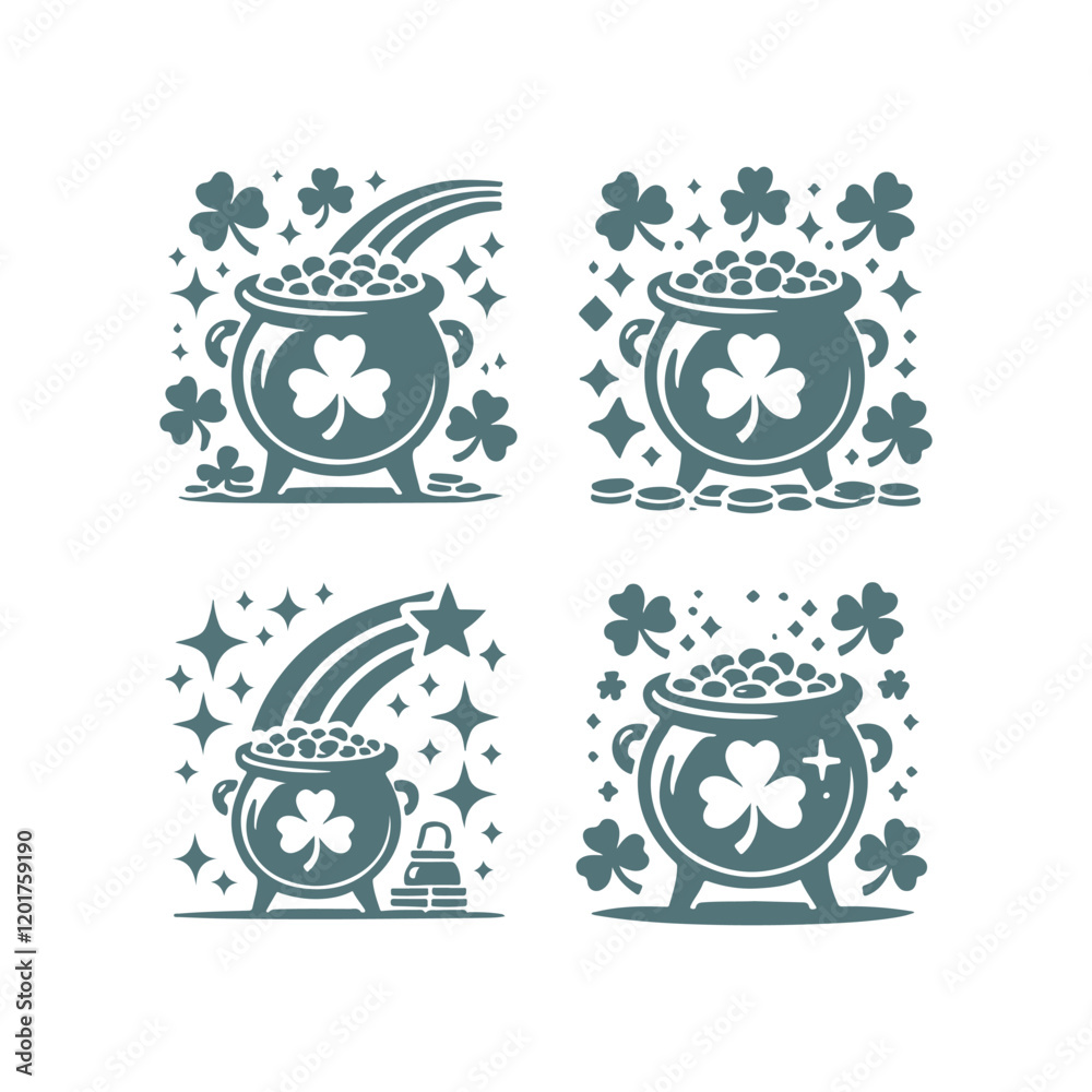 St. Patrick's Day Shamrock Pot of Gold Vector Silhouette Design Set