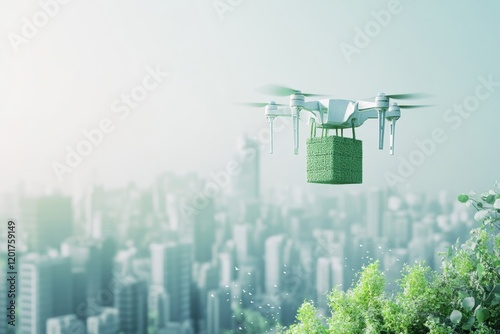 Artistic rendering of a drone carrying eco-friendly packaging, flying over a sustainable city, minimal background with copy space photo