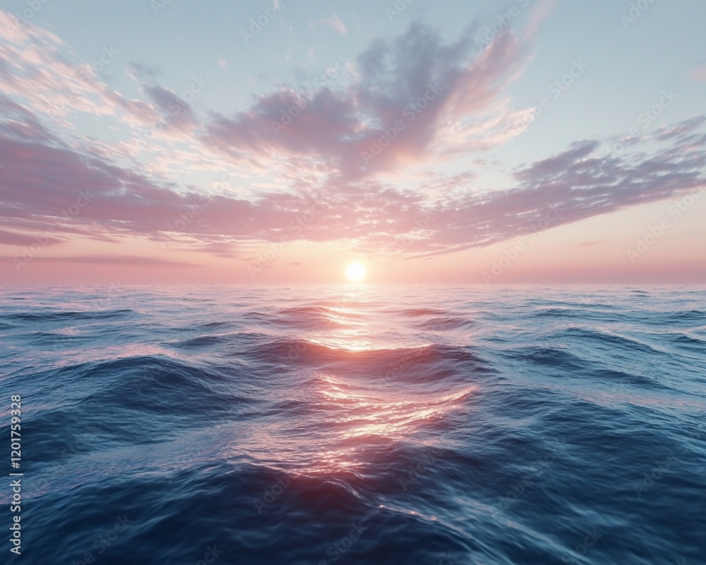 Fototapeta premium Serene ocean sunset with pink clouds reflecting on calm waves.