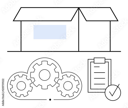 Open box, gears illustrating process automation, and checklist with checkmark for task completion. Ideal for logistics, inventory, delivery processes, quality assurance, project planning, operations