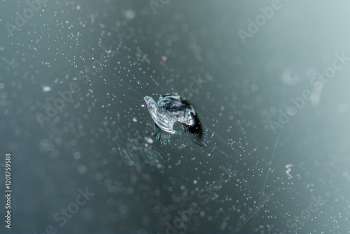 Close-up view of a chipped windshield from stone impact on a vehicle during daytime