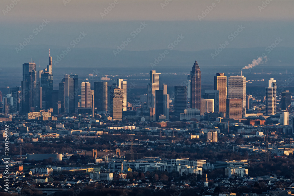 Obraz premium Die Skyline Frankfurt, von Westen aus gesehen. Stand: Januar 2025