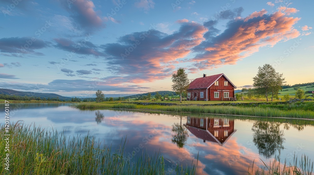 Red house reflecting in calm lake at sunset. (1) Red house reflecting in calm lake at sunset. (1)