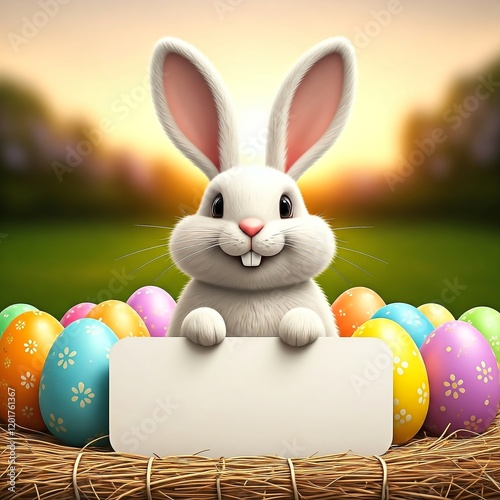 A cute Easter bunny surrounded by colorful painted eggs is perfect for holiday designs, spring themes or pre-holiday marketing visualizations. photo