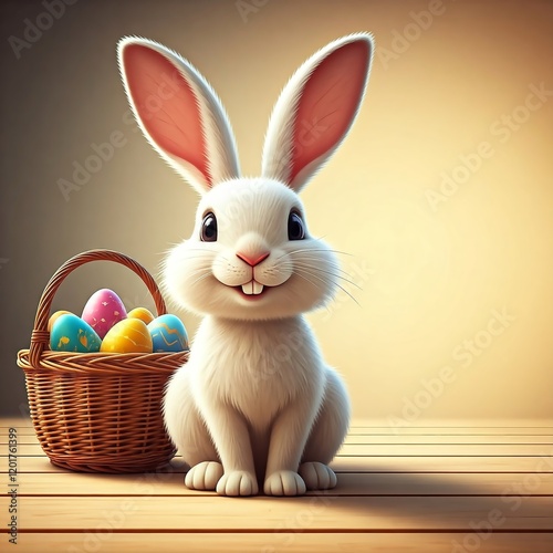 A cute Easter bunny surrounded by colorful painted eggs is perfect for holiday designs, spring themes or pre-holiday marketing visualizations. photo