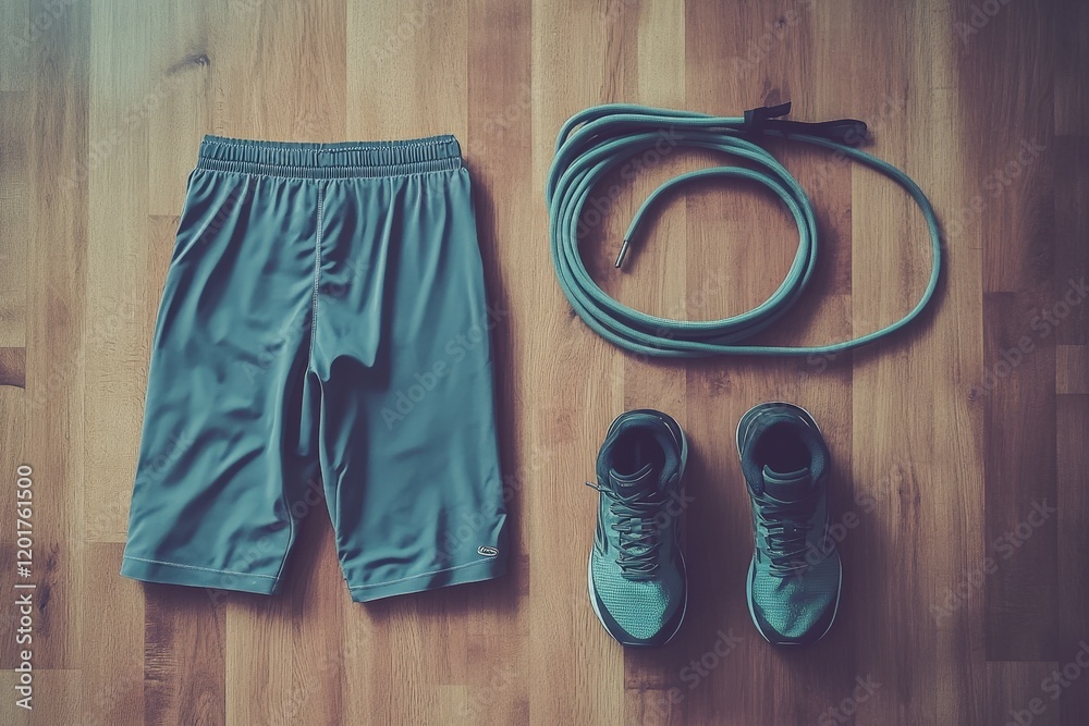A creative flat lay of jumping-related gear: gym shorts, athletic shoes, and a resistance band on a wooden floor