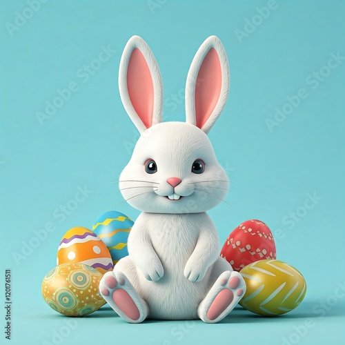 A cute Easter bunny surrounded by colorful painted eggs is perfect for holiday designs, spring themes or pre-holiday marketing visualizations. photo