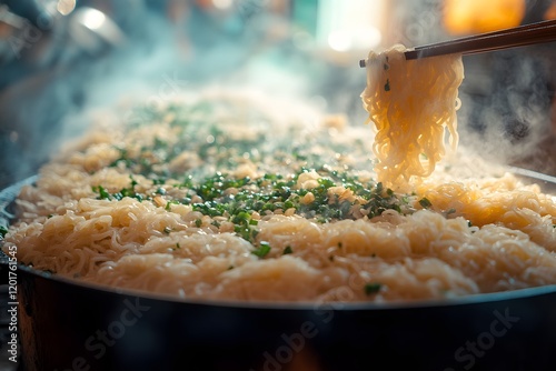 Steaming Ramen Noodles with Chopped Scallions in a Vibrant Culinary Scene photo