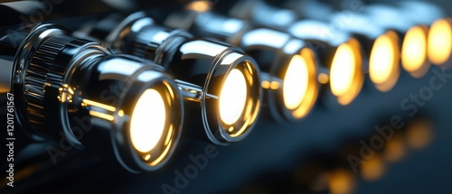 Close-up view of chromeplated connectors industrial led reflection and gigapixel detail