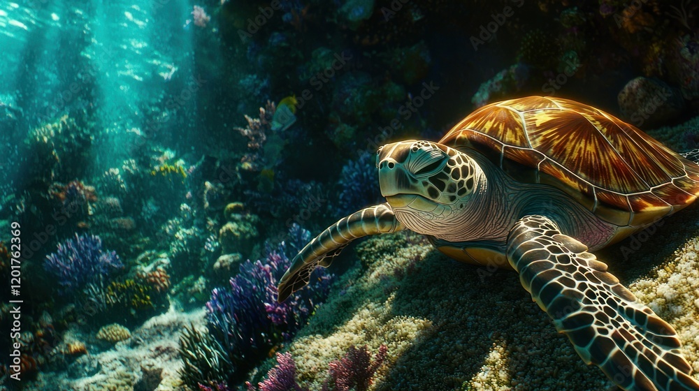 Obraz premium Sea turtle resting on vibrant coral reef in sunlight.