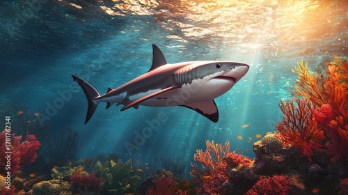 Wallpaper Mural Exploring marine wildlife shark encounter in vibrant coral reef underwater photography ocean environment Torontodigital.ca