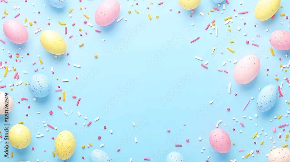 A bright and playful Easter layout with pastel yellow, pink, and blue Easter eggs scattered across a light blue background, A bright and playful Easter layout with pastel yellow, pink, and blue Easter eggs scattered across a light blue background,