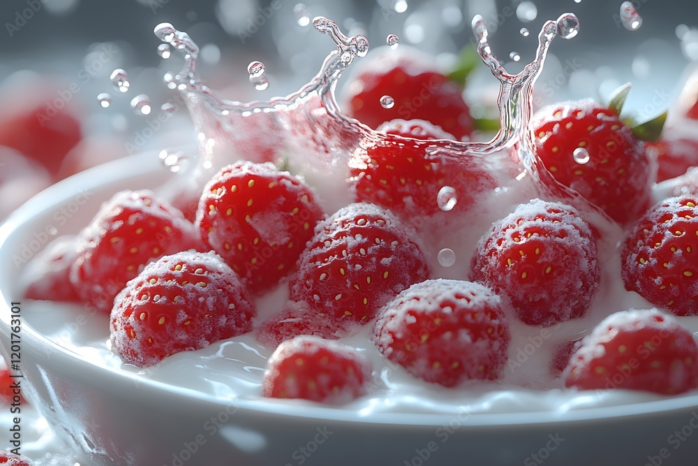 Fresh Strawberries Splashed in Cream - Perfect for Culinary Design and Food Advertising Fresh Strawberries Splashed in Cream - Perfect for Culinary Design and Food Advertising