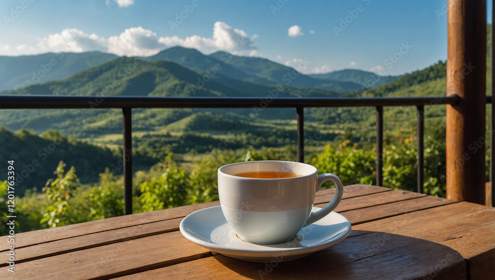 Simple Breakfast of bread and hot tea on the Mountain Balcony Simple Breakfast of bread and hot tea on the Mountain Balcony
