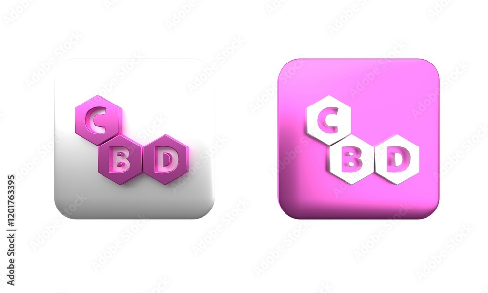 Colorful Cannabis molecule icon isolated on white background. Cannabidiol molecular structures, THC and CBD formula. Marijuana sign. Square button. 3D render illustration Colorful Cannabis molecule icon isolated on white background. Cannabidiol molecular structures, THC and CBD formula. Marijuana sign. Square button. 3D render illustration