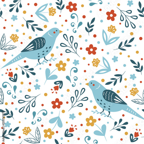 Сute birds with patterns, flowers and other elements on a white background. Birds seamless pattern