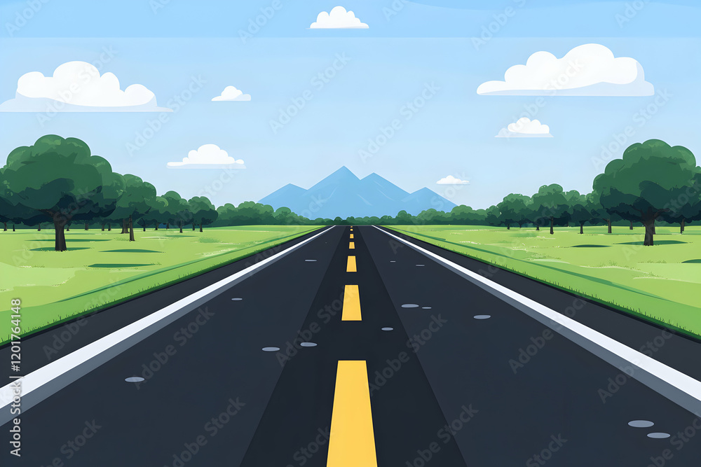 Fototapeta premium Idyllic road trip scene Asphalt highway vanishing into scenic mountains under a bright, sunny sky, flanked by lush green fields and trees. Perfect for travel, adventure, and freedom concepts.