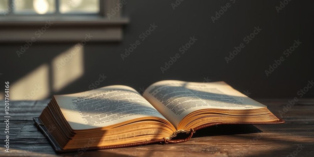 An aged book lies open on a wooden surface, illuminated by a stream of sunlight filtering through a window, casting intricate shadows on its pages. An aged book lies open on a wooden surface, illuminated by a stream of sunlight filtering through a window, casting intricate shadows on its pages.