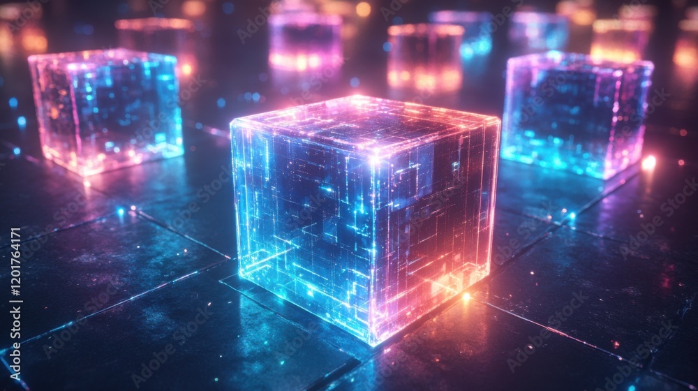 Sleek and highly reflective 3D shapes in a range of bright colors, dynamically scattered over a dark black canvas Sleek and highly reflective 3D shapes in a range of bright colors, dynamically scattered over a dark black canvas
