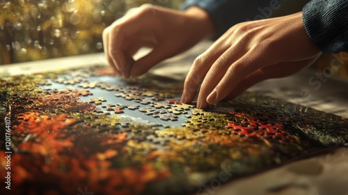 Artistic concept artist engaged in jigsaw puzzle in high fidelity creative studio