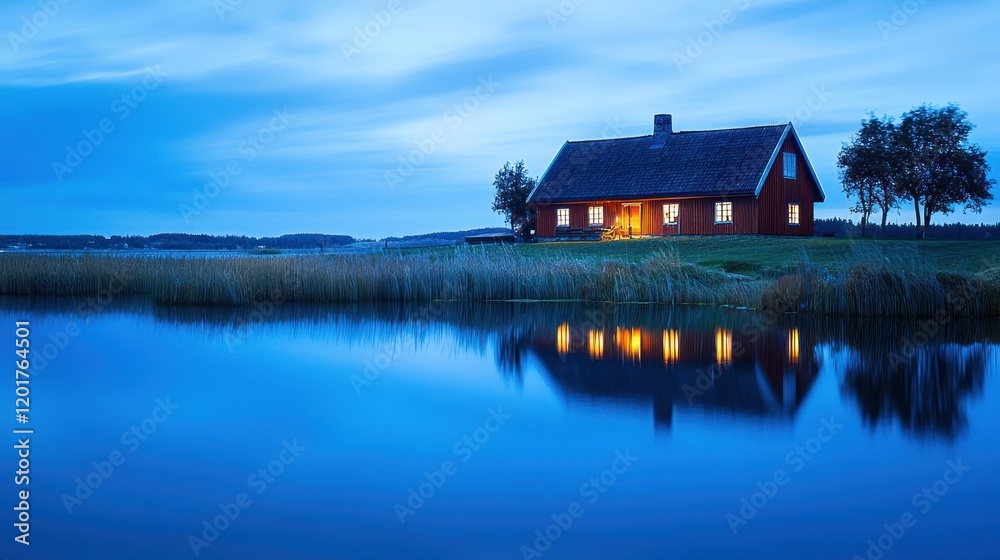 Obraz premium Lakeside cottage at twilight, lights on, reflecting in calm water.