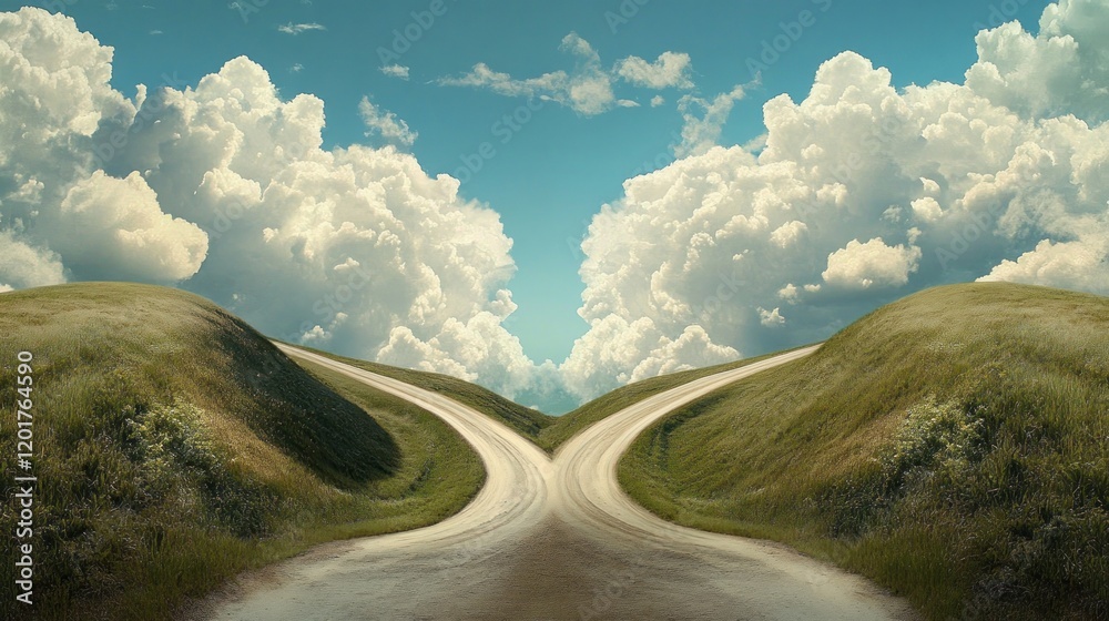 Fork in the road, two paths diverging on a hill under a cloudy sky.