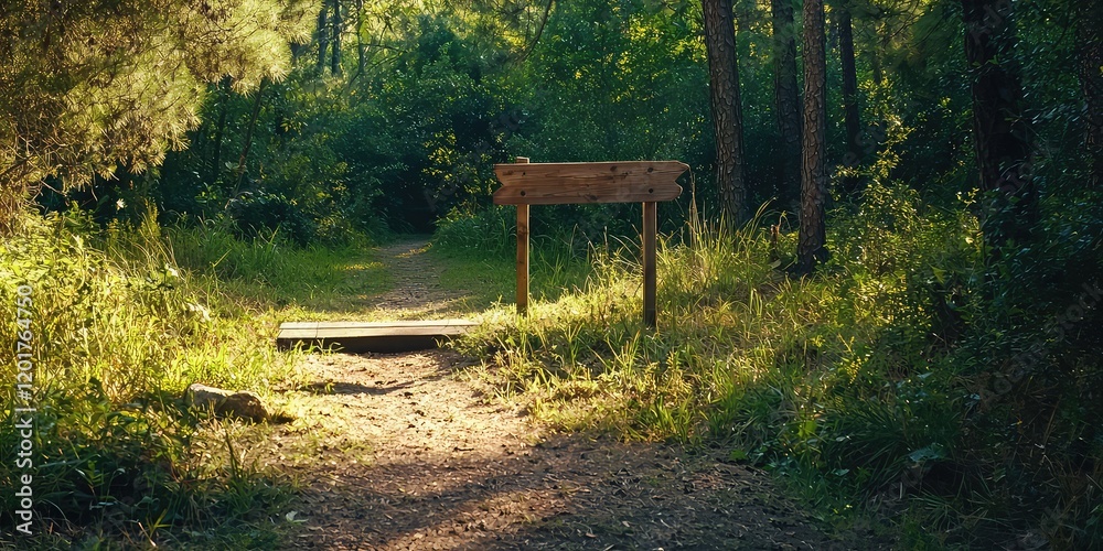 A well-marked nature trail with wooden signs, guiding hikers through the wilderness. A well-marked nature trail with wooden signs, guiding hikers through the wilderness.