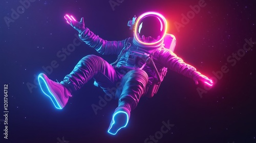  A space astronaut wearing white sneakers, dancing in the air with neon light
