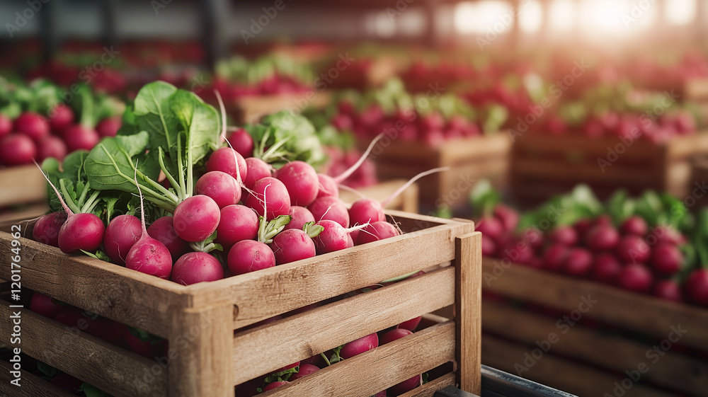 Radish harvested in wooden boxes in a warehouse. Natural organic fruit abundance. Healthy and natural food storing and shipping concept.
Radish harvested in wooden boxes in a warehouse. Natural organic fruit abundance. Healthy and natural food storing and shipping concept.