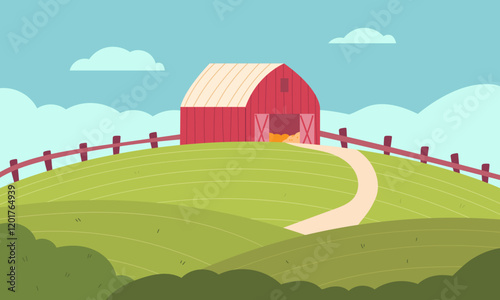 Farm. Horizontal banner with a field and a barn on a farm. Rural landscape with a farm