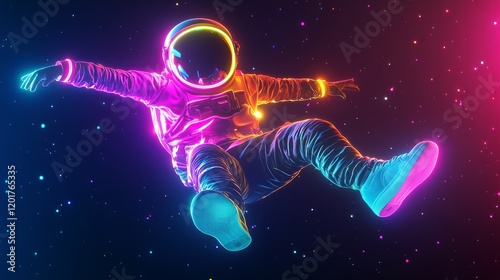  A space astronaut wearing white sneakers, dancing in the air with neon light