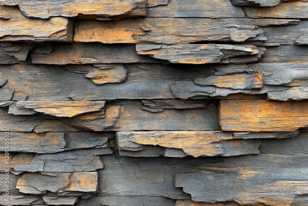 Textured Stone Wall Background: Grey and Orange Layered Rock Surface