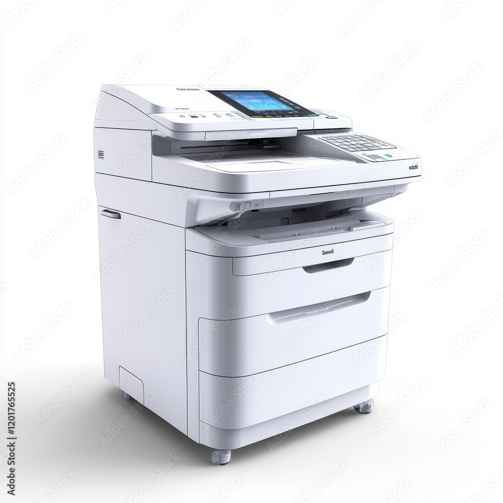 Modern multifunction printer on a white background for office equipment, printing, scanning, and copying needs Modern multifunction printer on a white background for office equipment, printing, scanning, and copying needs