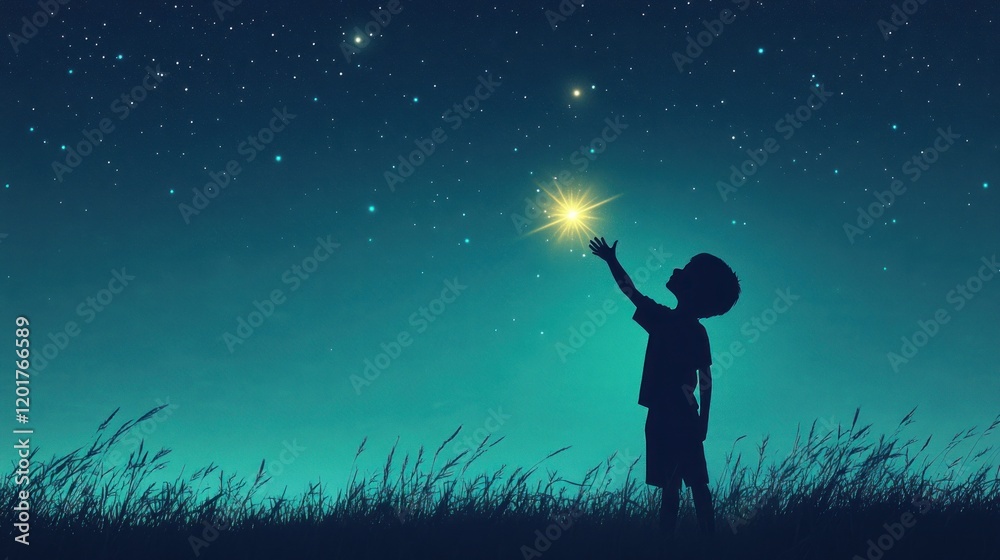 Child reaching for a bright star in night sky. Child reaching for a bright star in night sky.
