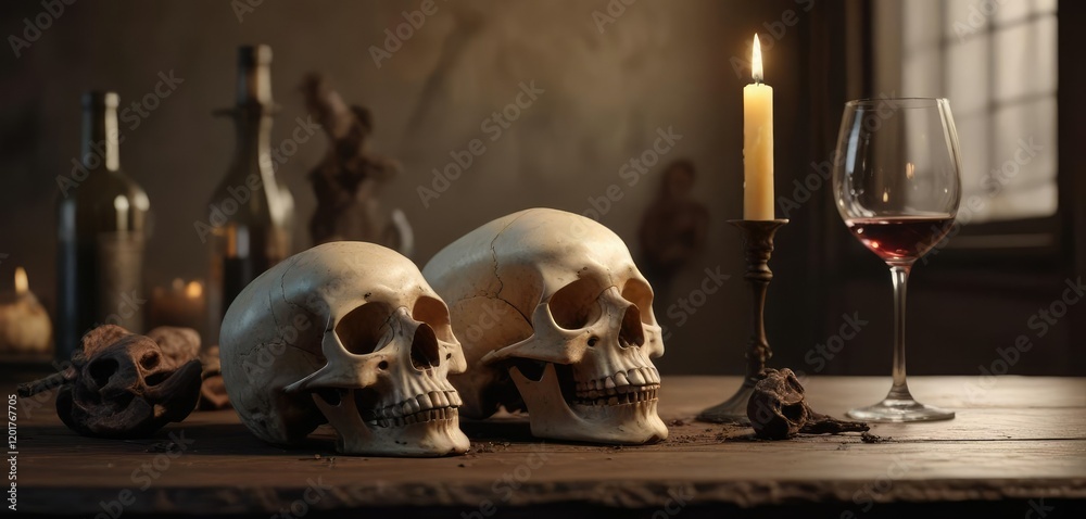 Obraz premium An unlit candle and a glass of wine sit beside a skull on a dusty table, wine, skull