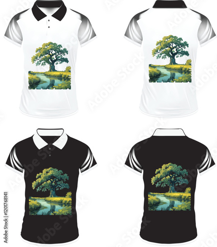 Men's t-shirt in different views with realistic style  and geometric retro traceries on shirts isolated Related tags